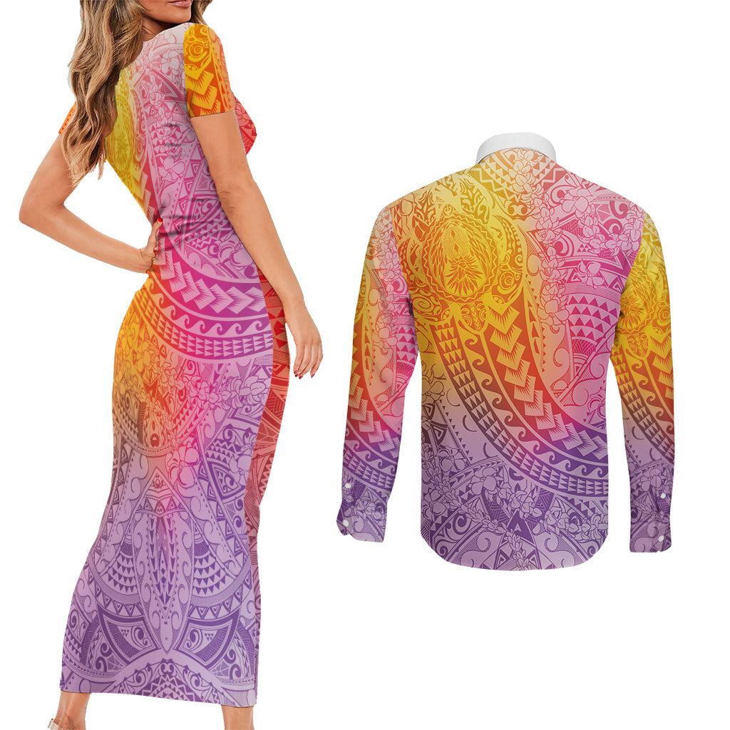 Hawaiian Turtles and Leis Couples Matching Short Sleeve Bodycon Dress and Long Sleeve Button Shirt Tribal Kakau Pattern Magical Rainbow Sky LT03 - Polynesian Pride