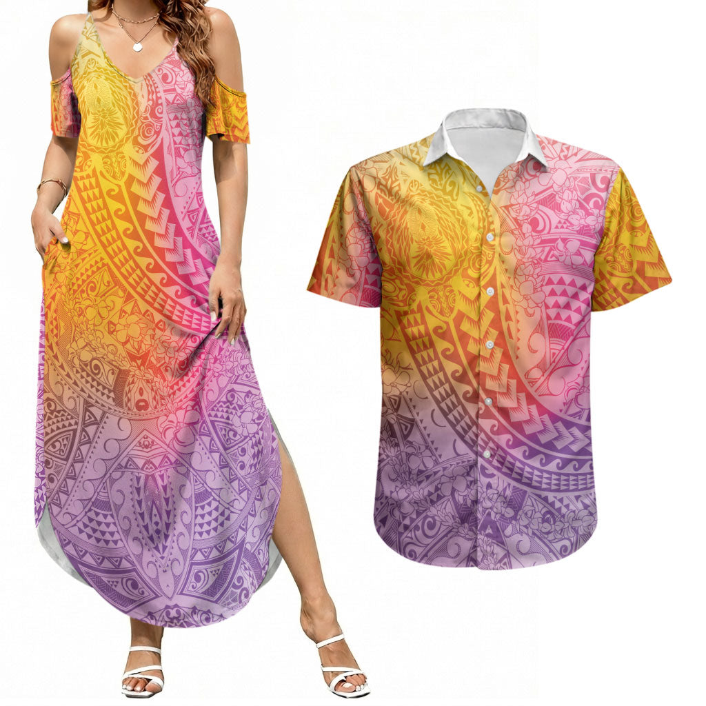 Hawaiian Turtles and Leis Couples Matching Summer Maxi Dress and Hawaiian Shirt Tribal Kakau Pattern Magical Rainbow Sky LT03 Multicolor - Polynesian Pride