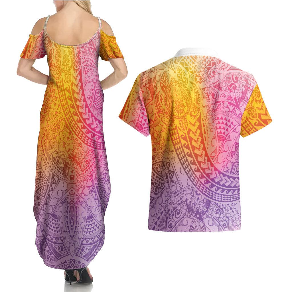 Hawaiian Turtles and Leis Couples Matching Summer Maxi Dress and Hawaiian Shirt Tribal Kakau Pattern Magical Rainbow Sky LT03 - Polynesian Pride