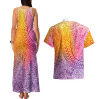 Hawaiian Turtles and Leis Couples Matching Tank Maxi Dress and Hawaiian Shirt Tribal Kakau Pattern Magical Rainbow Sky LT03 - Polynesian Pride