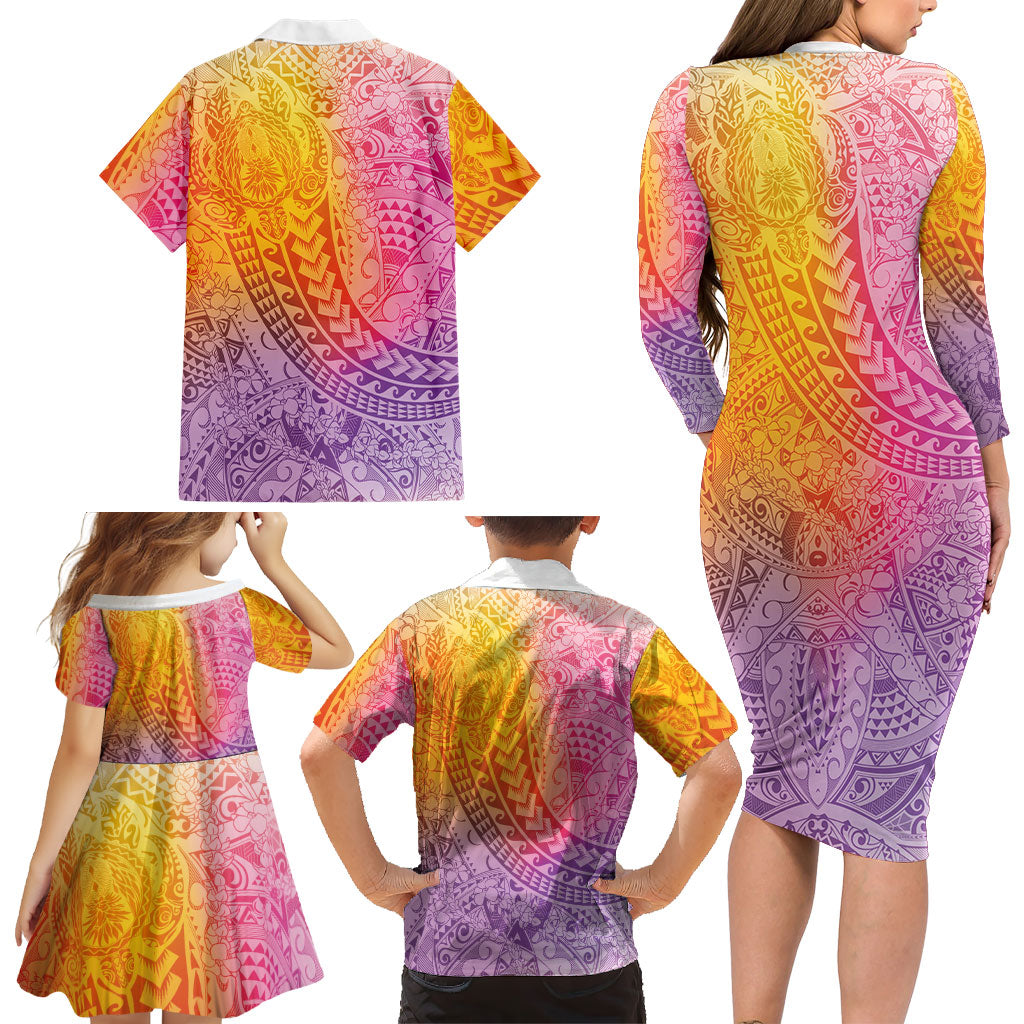 Hawaiian Turtles and Leis Family Matching Long Sleeve Bodycon Dress and Hawaiian Shirt Tribal Kakau Pattern Magical Rainbow Sky LT03 - Polynesian Pride