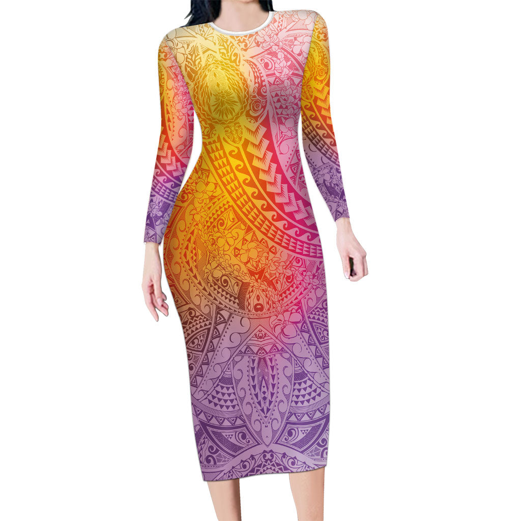 Hawaiian Turtles and Leis Family Matching Long Sleeve Bodycon Dress and Hawaiian Shirt Tribal Kakau Pattern Magical Rainbow Sky LT03 Mom's Dress Multicolor - Polynesian Pride