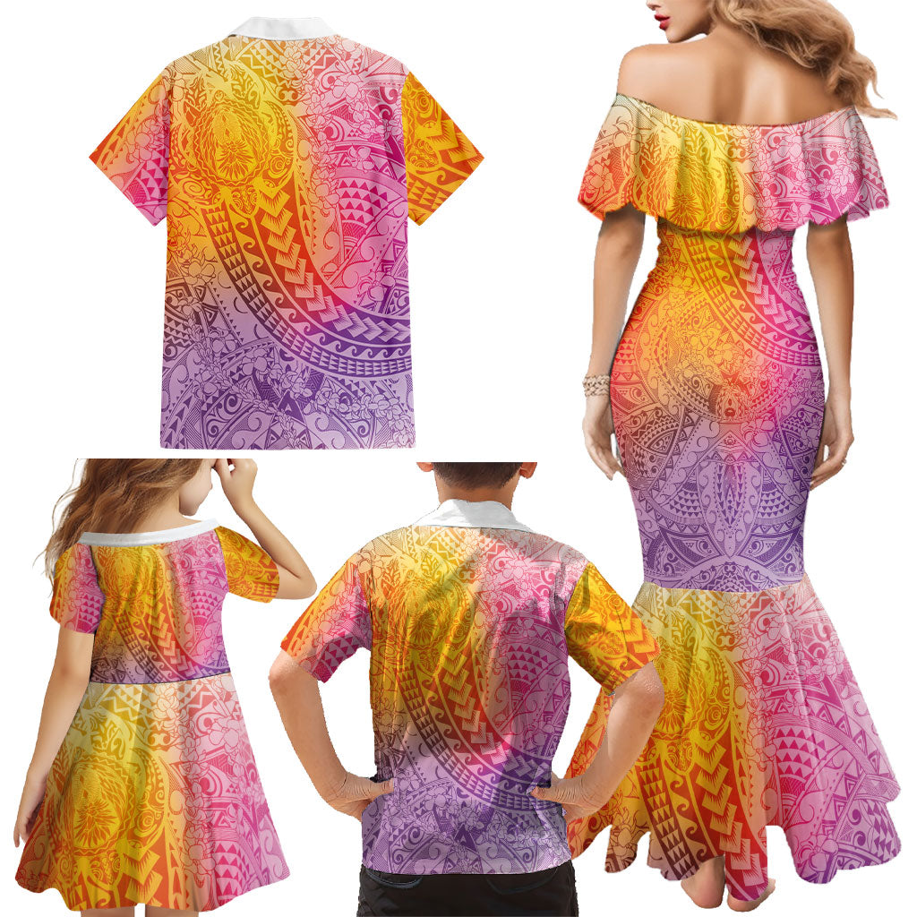 Hawaiian Turtles and Leis Family Matching Mermaid Dress and Hawaiian Shirt Tribal Kakau Pattern Magical Rainbow Sky LT03 - Polynesian Pride
