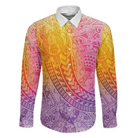 Hawaiian Turtles and Leis Family Matching Mermaid Dress and Hawaiian Shirt Tribal Kakau Pattern Magical Rainbow Sky LT03 Dad's Shirt - Long Sleeve Multicolor - Polynesian Pride