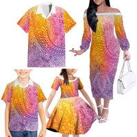 Hawaiian Turtles and Leis Family Matching Off The Shoulder Long Sleeve Dress and Hawaiian Shirt Tribal Kakau Pattern Magical Rainbow Sky LT03 - Polynesian Pride