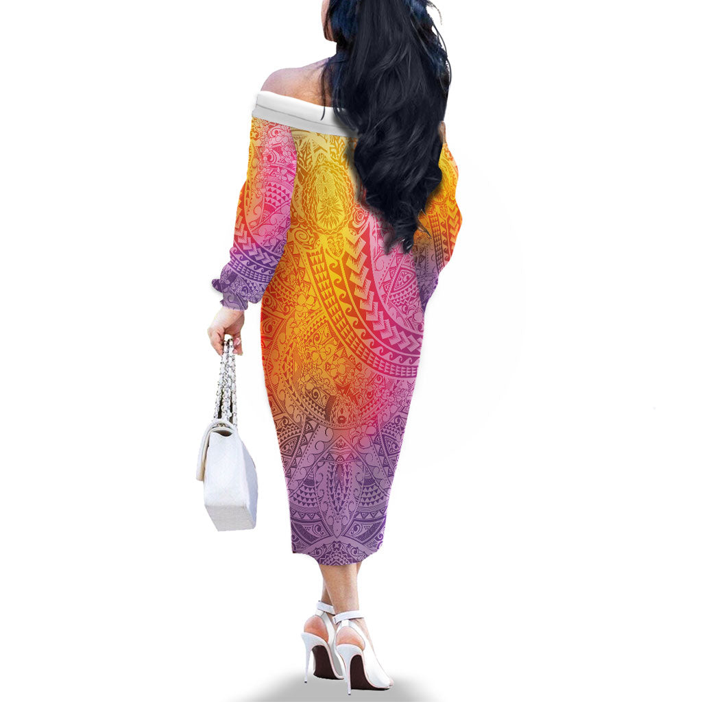 Hawaiian Turtles and Leis Family Matching Off The Shoulder Long Sleeve Dress and Hawaiian Shirt Tribal Kakau Pattern Magical Rainbow Sky LT03 - Polynesian Pride