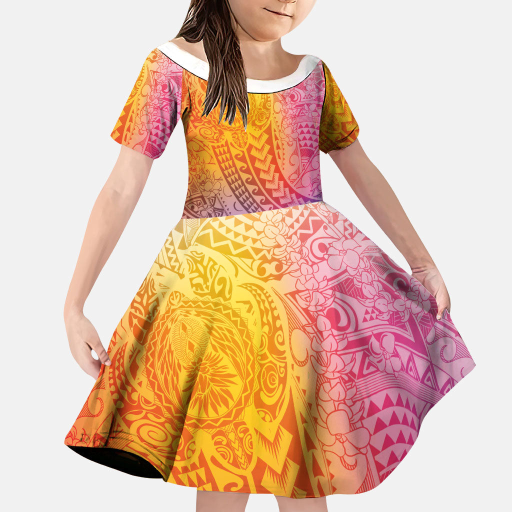 Hawaiian Turtles and Leis Family Matching Off Shoulder Maxi Dress and Hawaiian Shirt Tribal Kakau Pattern Magical Rainbow Sky LT03 Daughter's Dress Multicolor - Polynesian Pride