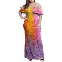 Hawaiian Turtles and Leis Family Matching Off Shoulder Maxi Dress and Hawaiian Shirt Tribal Kakau Pattern Magical Rainbow Sky LT03 Mom's Dress Multicolor - Polynesian Pride