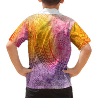 Hawaiian Turtles and Leis Family Matching Off Shoulder Short Dress and Hawaiian Shirt Tribal Kakau Pattern Magical Rainbow Sky LT03 - Polynesian Pride