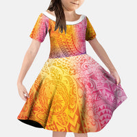 Hawaiian Turtles and Leis Family Matching Off Shoulder Short Dress and Hawaiian Shirt Tribal Kakau Pattern Magical Rainbow Sky LT03 Daughter's Dress Multicolor - Polynesian Pride