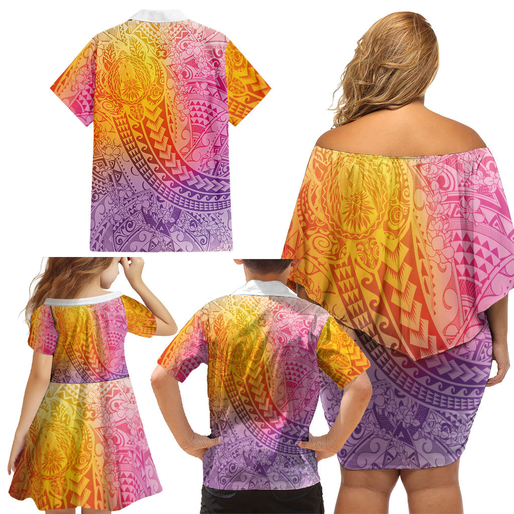 Hawaiian Turtles and Leis Family Matching Off Shoulder Short Dress and Hawaiian Shirt Tribal Kakau Pattern Magical Rainbow Sky LT03 - Polynesian Pride