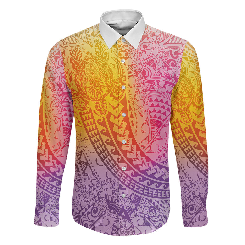 Hawaiian Turtles and Leis Family Matching Off Shoulder Short Dress and Hawaiian Shirt Tribal Kakau Pattern Magical Rainbow Sky LT03 Dad's Shirt - Long Sleeve Multicolor - Polynesian Pride