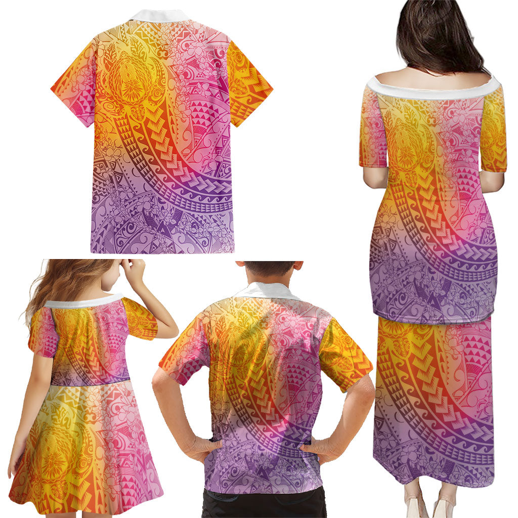 Hawaiian Turtles and Leis Family Matching Puletasi and Hawaiian Shirt Tribal Kakau Pattern Magical Rainbow Sky LT03 - Polynesian Pride