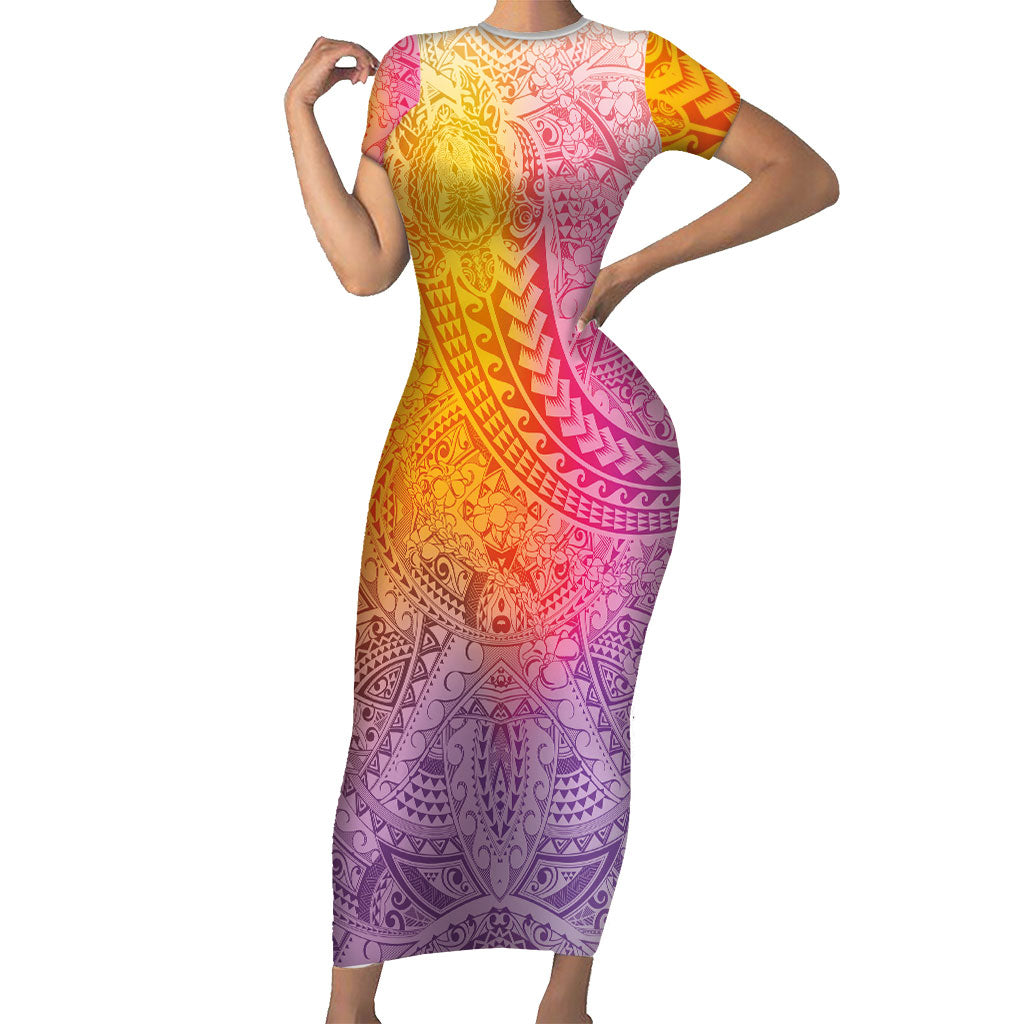 Hawaiian Turtles and Leis Family Matching Short Sleeve Bodycon Dress and Hawaiian Shirt Tribal Kakau Pattern Magical Rainbow Sky LT03 Mom's Dress Multicolor - Polynesian Pride