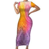 Hawaiian Turtles and Leis Family Matching Short Sleeve Bodycon Dress and Hawaiian Shirt Tribal Kakau Pattern Magical Rainbow Sky LT03 Mom's Dress Multicolor - Polynesian Pride