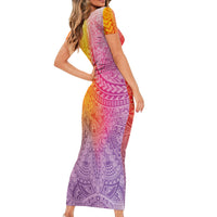 Hawaiian Turtles and Leis Family Matching Short Sleeve Bodycon Dress and Hawaiian Shirt Tribal Kakau Pattern Magical Rainbow Sky LT03 - Polynesian Pride