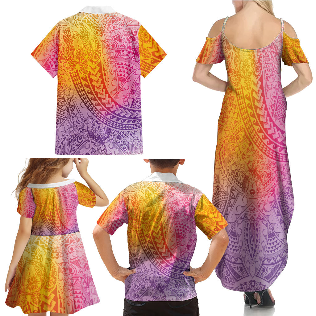 Hawaiian Turtles and Leis Family Matching Summer Maxi Dress and Hawaiian Shirt Tribal Kakau Pattern Magical Rainbow Sky LT03 - Polynesian Pride