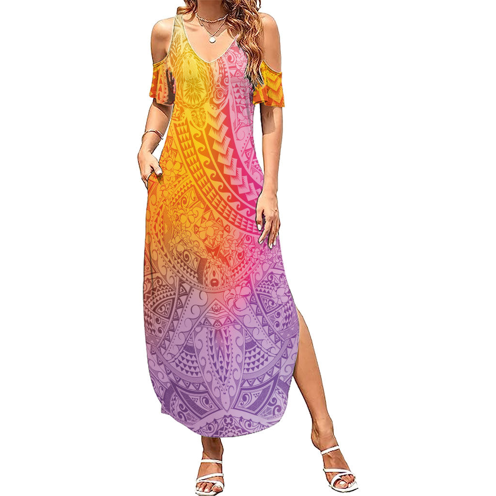 Hawaiian Turtles and Leis Family Matching Summer Maxi Dress and Hawaiian Shirt Tribal Kakau Pattern Magical Rainbow Sky LT03 Mom's Dress Multicolor - Polynesian Pride