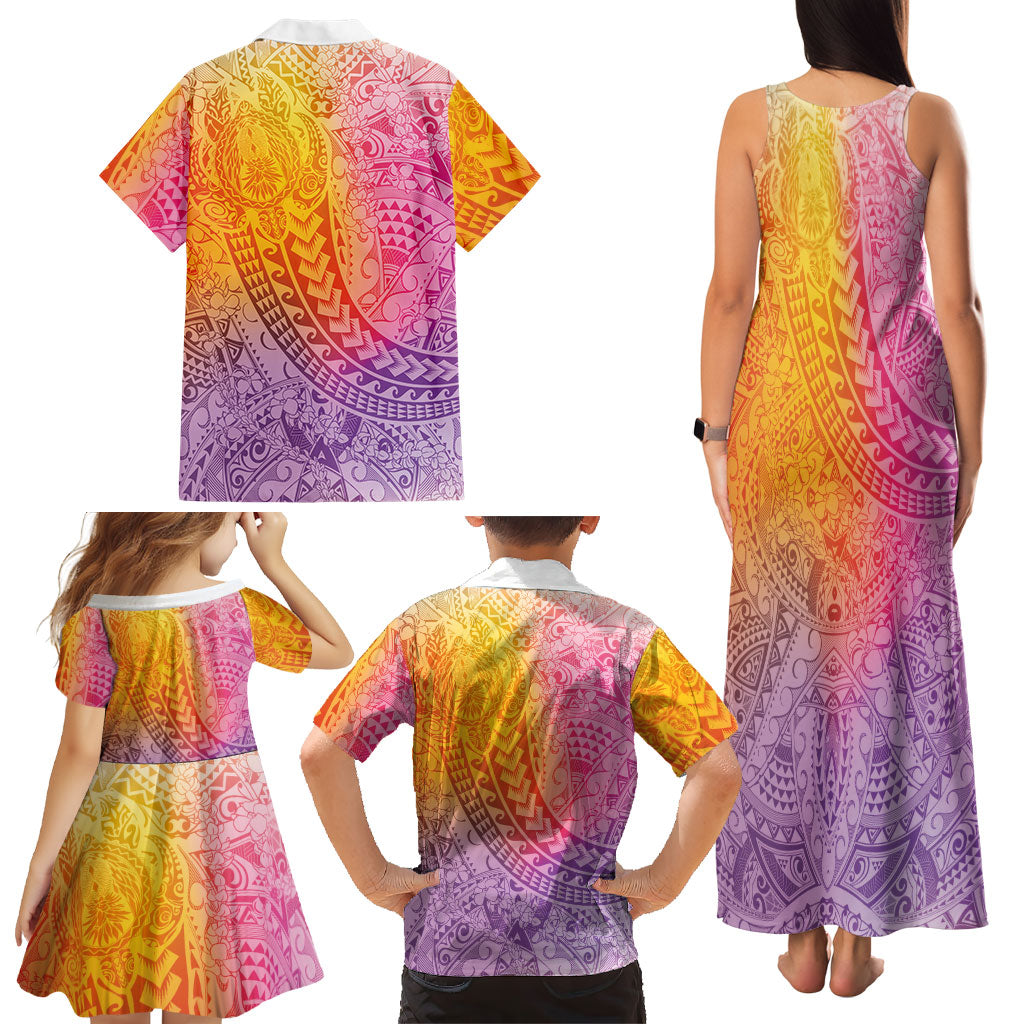 Hawaiian Turtles and Leis Family Matching Tank Maxi Dress and Hawaiian Shirt Tribal Kakau Pattern Magical Rainbow Sky LT03 - Polynesian Pride