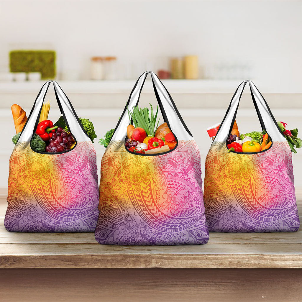 Hawaiian Turtles and Leis Grocery Bag Tribal Kakau Pattern Magical Rainbow Sky LT03 3-pack One Size Multicolor - Polynesian Pride