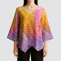 Hawaiian Turtles and Leis Kimono Sleeve Blouse Tribal Kakau Pattern Magical Rainbow Sky LT03 - Polynesian Pride