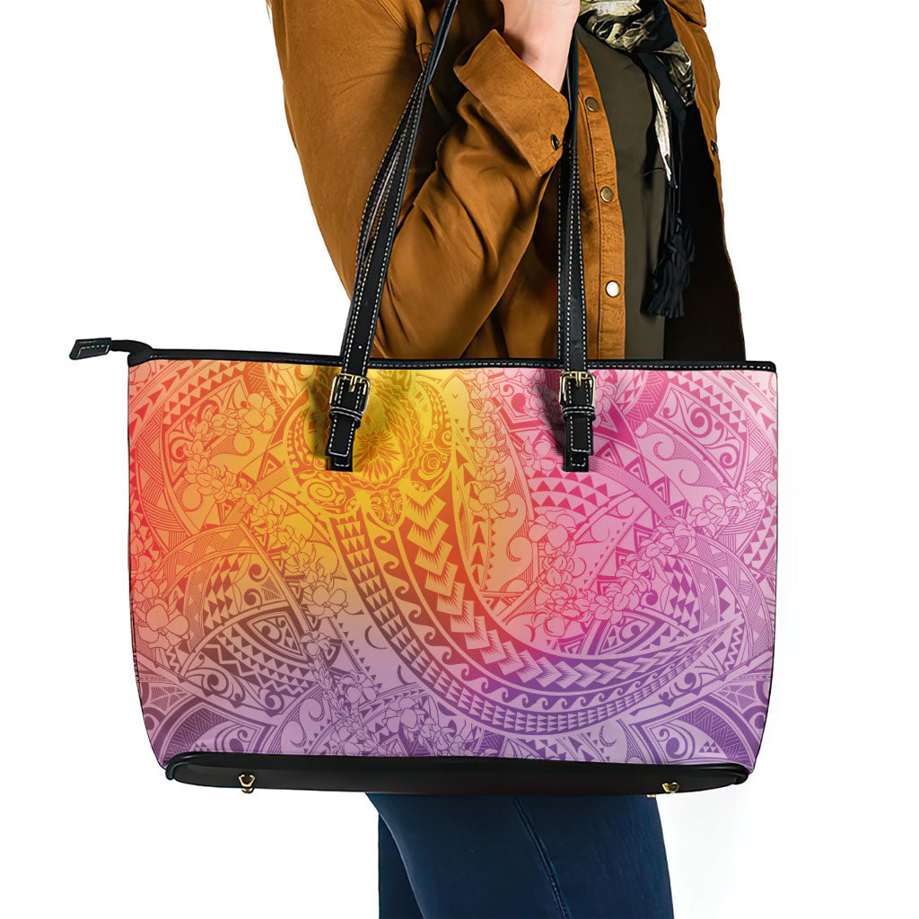 Hawaiian Turtles and Leis Leather Tote Bag Tribal Kakau Pattern Magical Rainbow Sky LT03 - Polynesian Pride