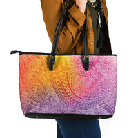 Hawaiian Turtles and Leis Leather Tote Bag Tribal Kakau Pattern Magical Rainbow Sky LT03 - Polynesian Pride