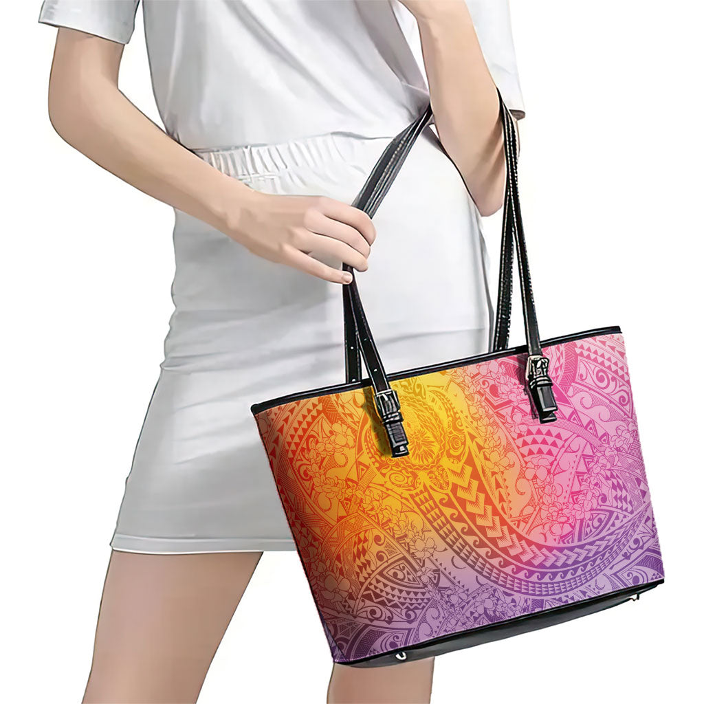 Hawaiian Turtles and Leis Leather Tote Bag Tribal Kakau Pattern Magical Rainbow Sky LT03 - Polynesian Pride