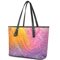 Hawaiian Turtles and Leis Leather Tote Bag Tribal Kakau Pattern Magical Rainbow Sky LT03 - Polynesian Pride