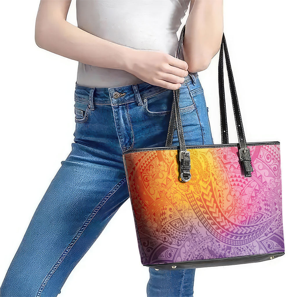 Hawaiian Turtles and Leis Leather Tote Bag Tribal Kakau Pattern Magical Rainbow Sky LT03 - Polynesian Pride