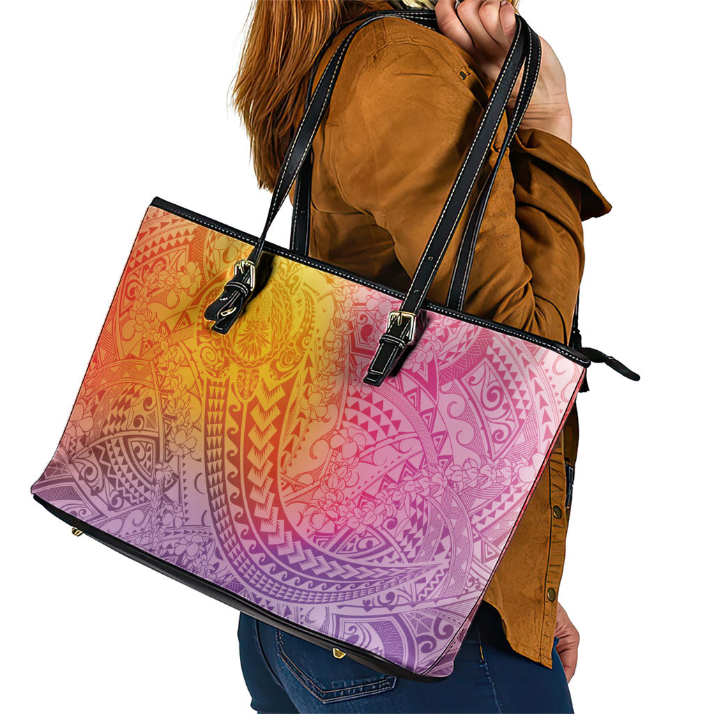 Hawaiian Turtles and Leis Leather Tote Bag Tribal Kakau Pattern Magical Rainbow Sky LT03 - Polynesian Pride