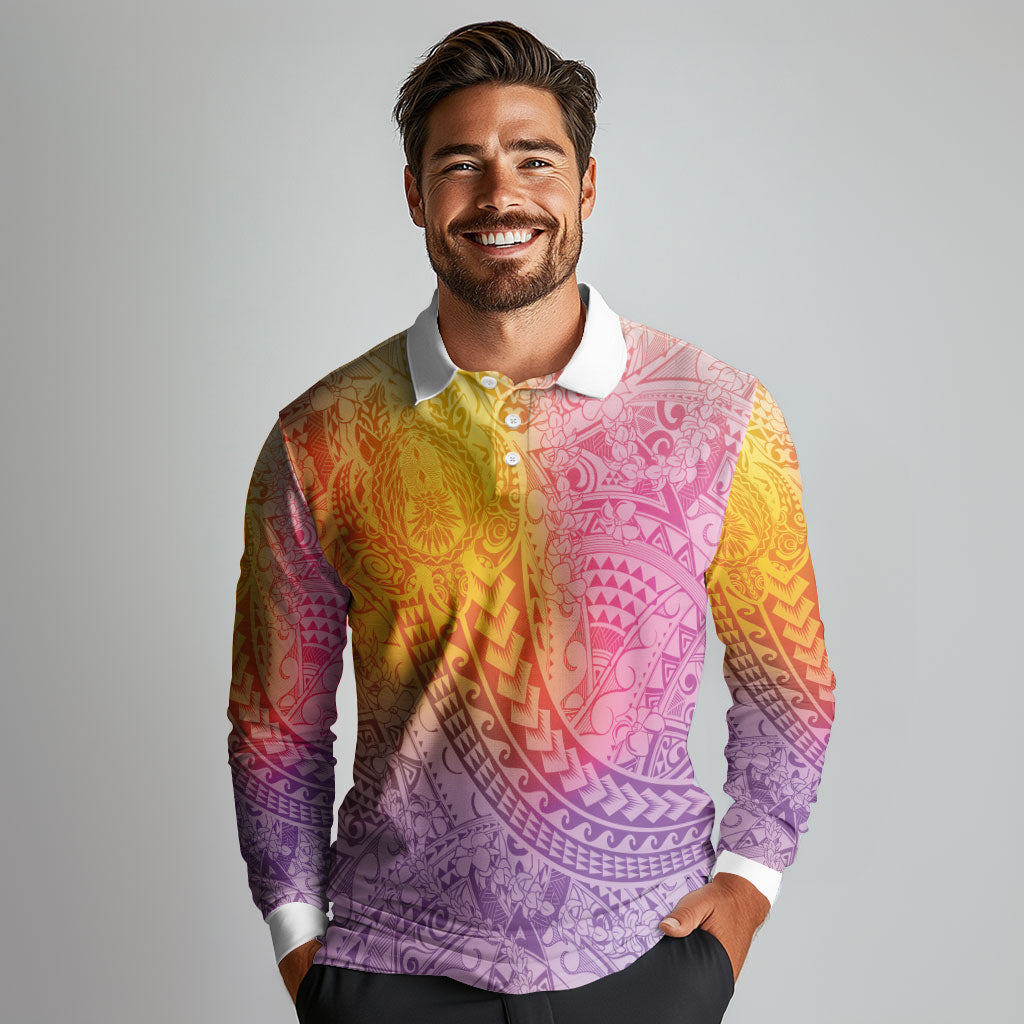 Hawaiian Turtles and Leis Long Sleeve Polo Shirt Tribal Kakau Pattern Magical Rainbow Sky LT03 - Polynesian Pride