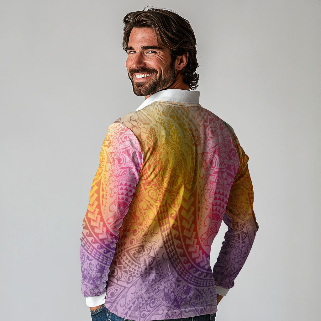 Hawaiian Turtles and Leis Long Sleeve Polo Shirt Tribal Kakau Pattern Magical Rainbow Sky LT03 - Polynesian Pride