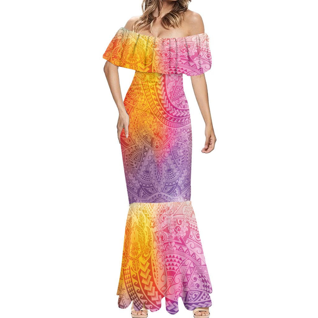 Hawaiian Turtles and Leis Mermaid Dress Tribal Kakau Pattern Magical Rainbow Sky LT03 - Polynesian Pride