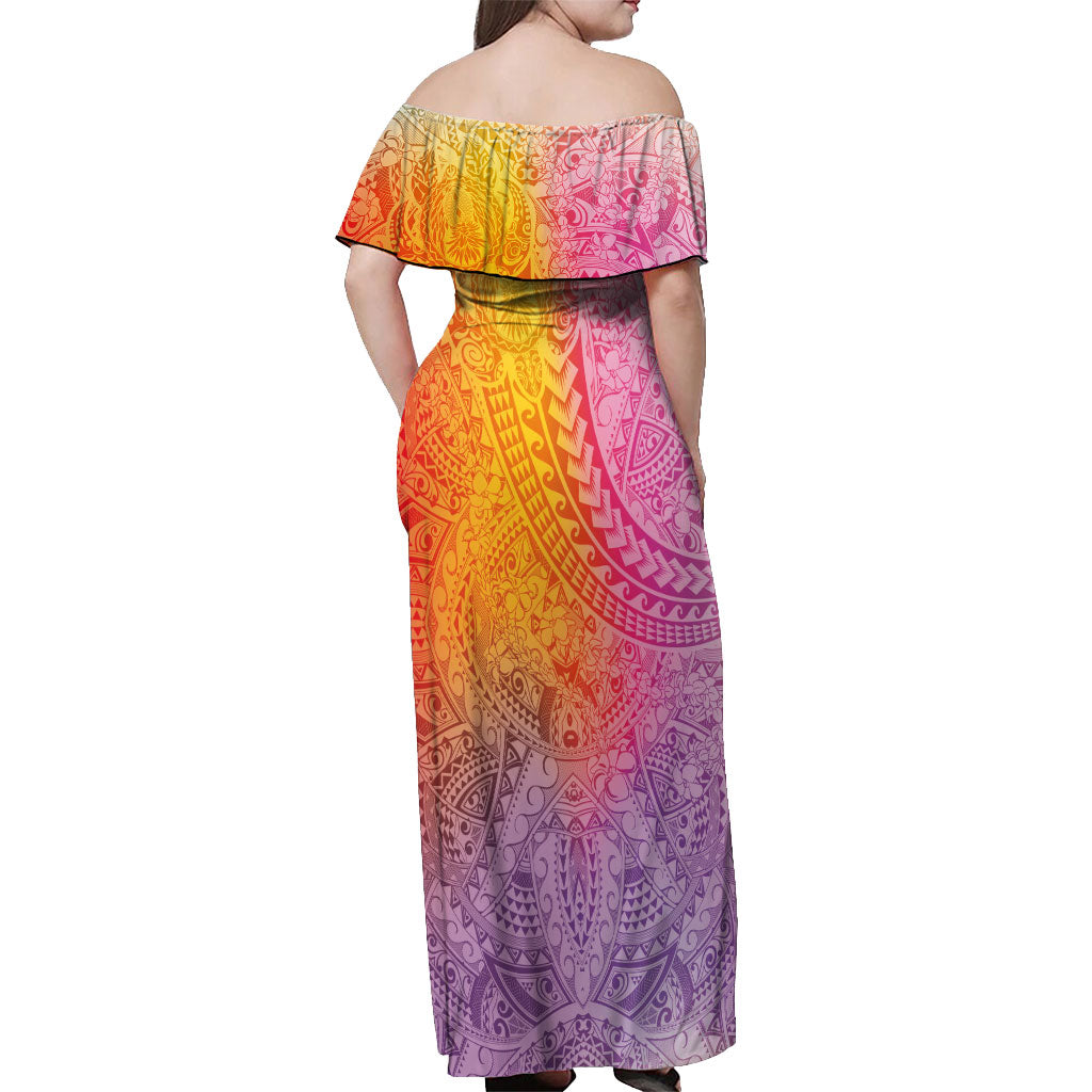 Hawaiian Turtles and Leis Off Shoulder Maxi Dress Tribal Kakau Pattern Magical Rainbow Sky LT03 - Polynesian Pride