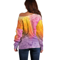 Hawaiian Turtles and Leis Off Shoulder Sweater Tribal Kakau Pattern Magical Rainbow Sky LT03 - Polynesian Pride