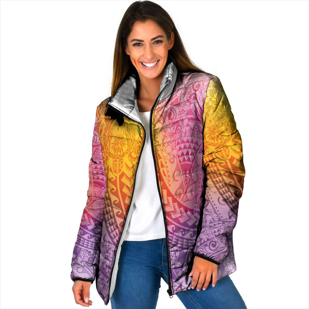 Hawaiian Turtles and Leis Padded Jacket Tribal Kakau Pattern Magical Rainbow Sky LT03 Women Multicolor - Polynesian Pride