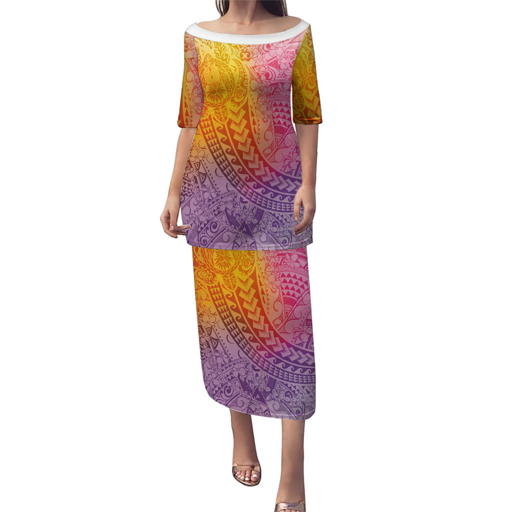 Hawaiian Turtles and Leis Puletasi Tribal Kakau Pattern Magical Rainbow Sky LT03 Long Dress Multicolor - Polynesian Pride