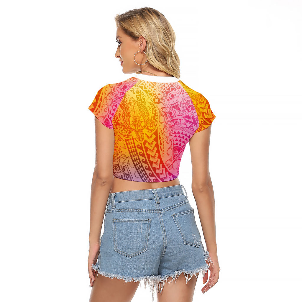 Hawaiian Turtles and Leis Raglan Cropped T Shirt Tribal Kakau Pattern Magical Rainbow Sky LT03 - Polynesian Pride