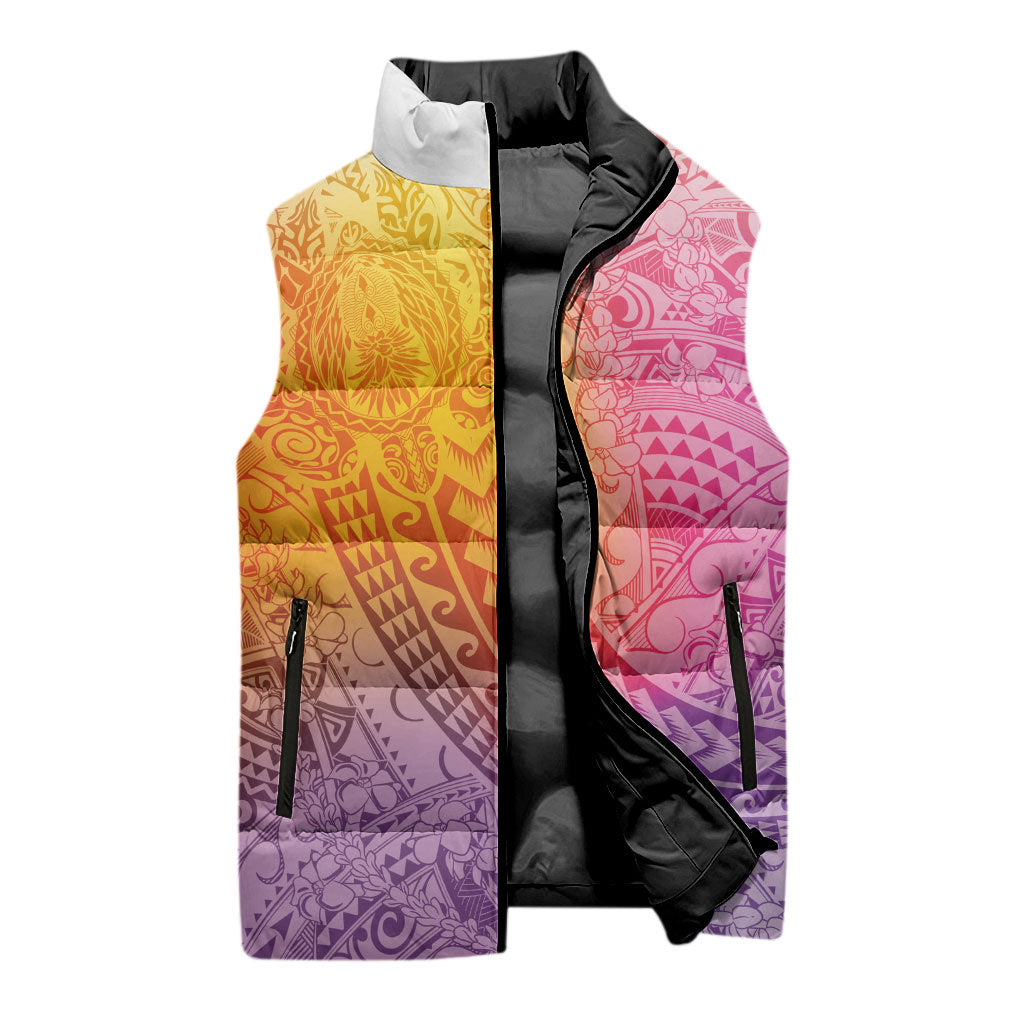Hawaiian Turtles and Leis Sleeveless Puffer Jacket Tribal Kakau Pattern Magical Rainbow Sky LT03 - Polynesian Pride