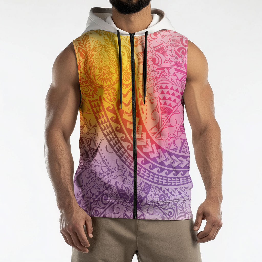 Hawaiian Turtles and Leis Sleeveless Zip Hoodie Tribal Kakau Pattern Magical Rainbow Sky LT03 - Polynesian Pride