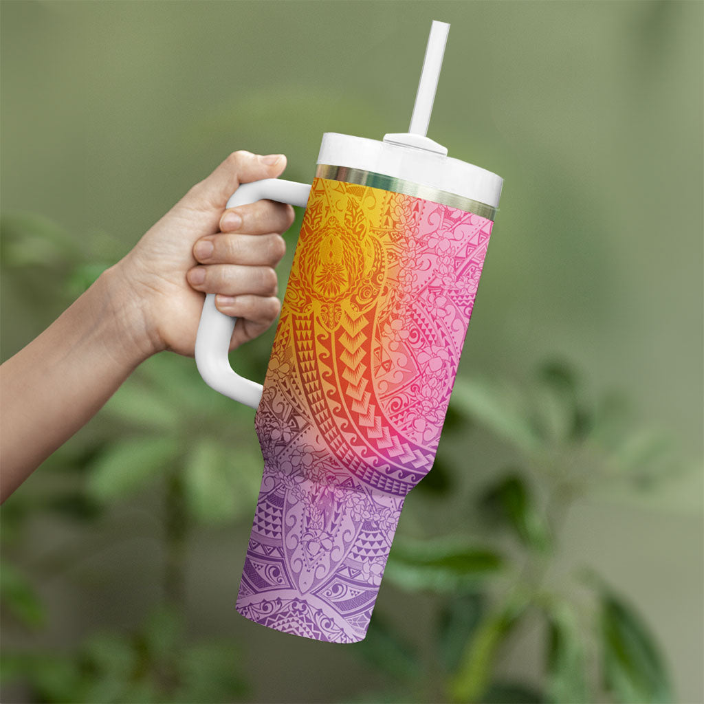 Hawaiian Turtles and Leis Tumbler With Handle Tribal Kakau Pattern Magical Rainbow Sky LT03 - Polynesian Pride