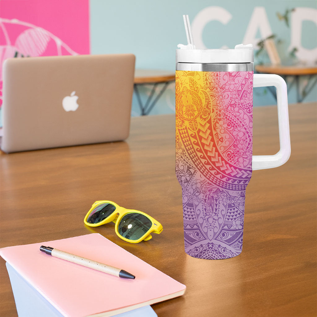 Hawaiian Turtles and Leis Tumbler With Handle Tribal Kakau Pattern Magical Rainbow Sky LT03 - Polynesian Pride