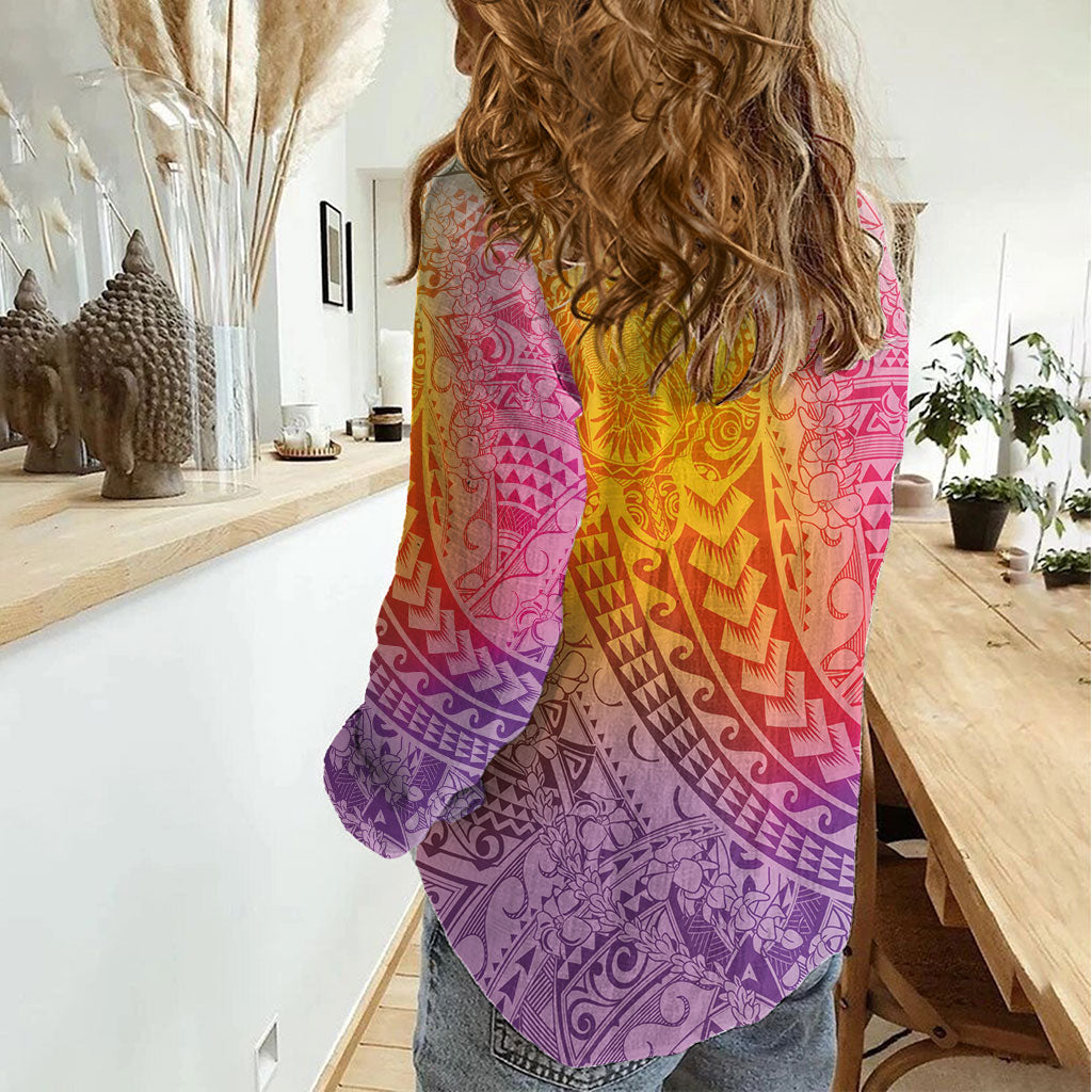 Hawaiian Turtles and Leis Women Casual Shirt Tribal Kakau Pattern Magical Rainbow Sky LT03 - Polynesian Pride