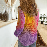 Hawaiian Turtles and Leis Women Casual Shirt Tribal Kakau Pattern Magical Rainbow Sky LT03 - Polynesian Pride