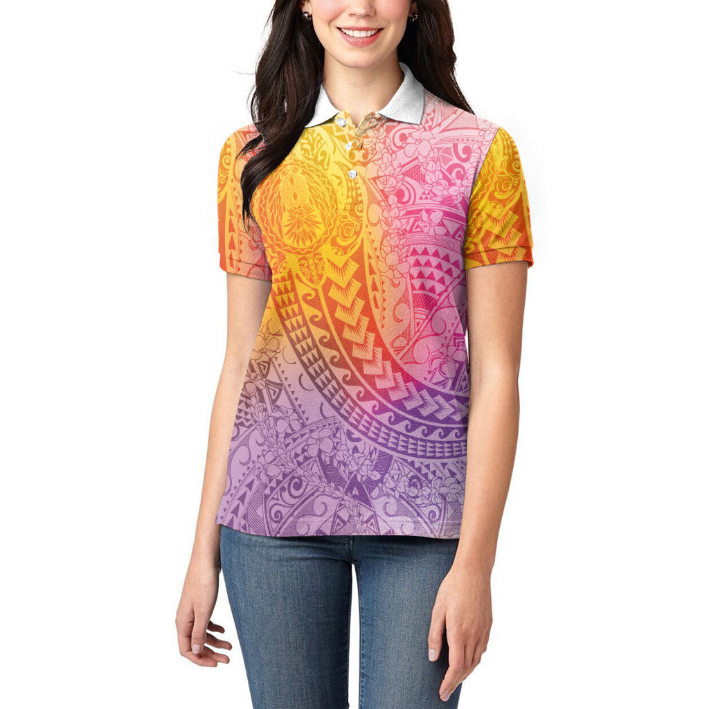 Hawaiian Turtles and Leis Women Polo Shirt Tribal Kakau Pattern Magical Rainbow Sky LT03 - Polynesian Pride