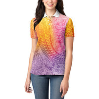 Hawaiian Turtles and Leis Women Polo Shirt Tribal Kakau Pattern Magical Rainbow Sky LT03 - Polynesian Pride