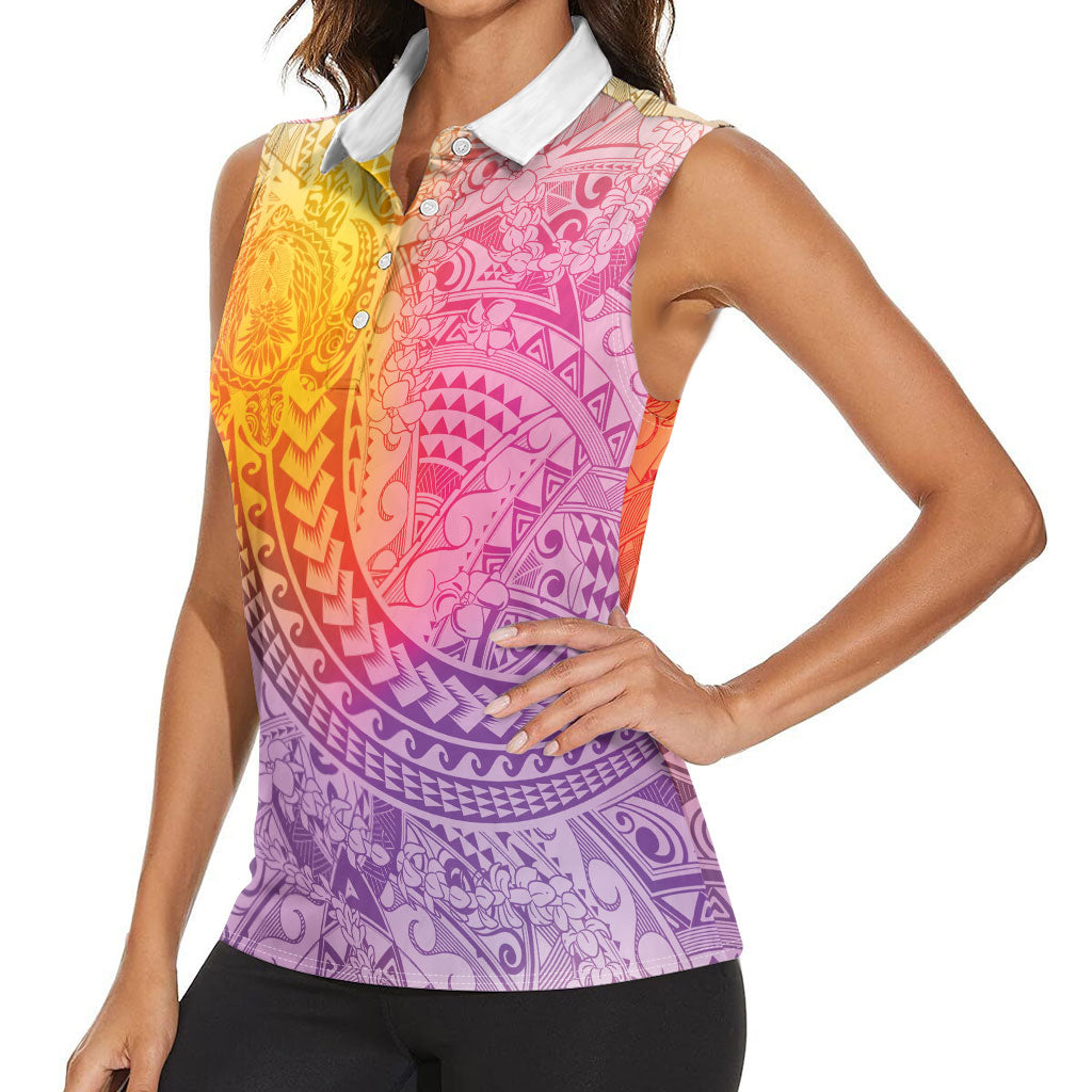 Hawaiian Turtles and Leis Women Sleeveless Polo Shirt Tribal Kakau Pattern Magical Rainbow Sky LT03 - Polynesian Pride