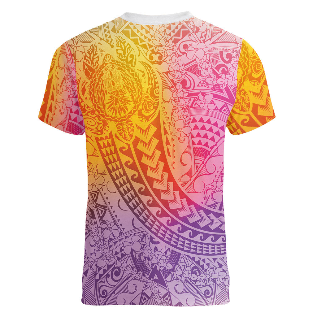 Hawaiian Turtles and Leis Women V-Neck T-Shirt Tribal Kakau Pattern Magical Rainbow Sky LT03 - Polynesian Pride