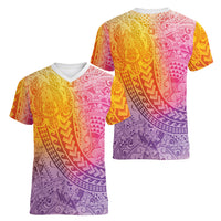 Hawaiian Turtles and Leis Women V-Neck T-Shirt Tribal Kakau Pattern Magical Rainbow Sky LT03 - Polynesian Pride